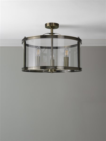 (image for) Laura Ashley Harrington 3 Light Semi-Flush Antique Brass and Glass